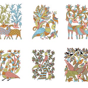 May include: Six colourful illustrations showcasing stylised animals and trees. The artwork includes deer, birds, and fish, with intricate patterns and a vibrant palette of blues, oranges, pinks, and greens. The designs are set against a white background.