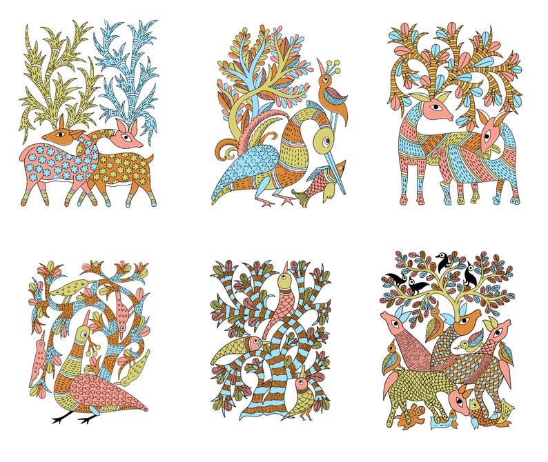 May include: Six colourful illustrations showcasing stylised animals and trees. The artwork includes deer, birds, and fish, with intricate patterns and a vibrant palette of blues, oranges, pinks, and greens. The designs are set against a white background.