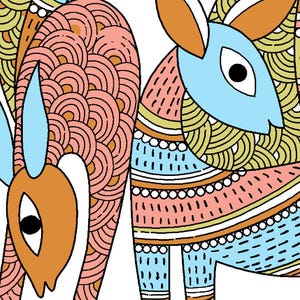 May include: A vibrant illustration of two deer with a folk art aesthetic. The deer are decorated with geometric patterns in orange, pink, blue, and green, outlined in black. The artwork has a decorative style.