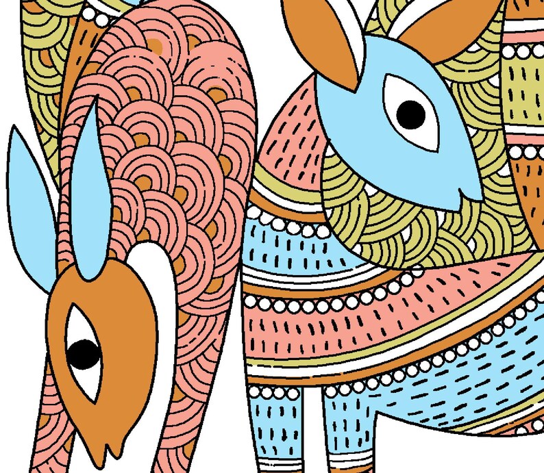 May include: A vibrant illustration of two deer with a folk art aesthetic. The deer are decorated with geometric patterns in orange, pink, blue, and green, outlined in black. The artwork has a decorative style.