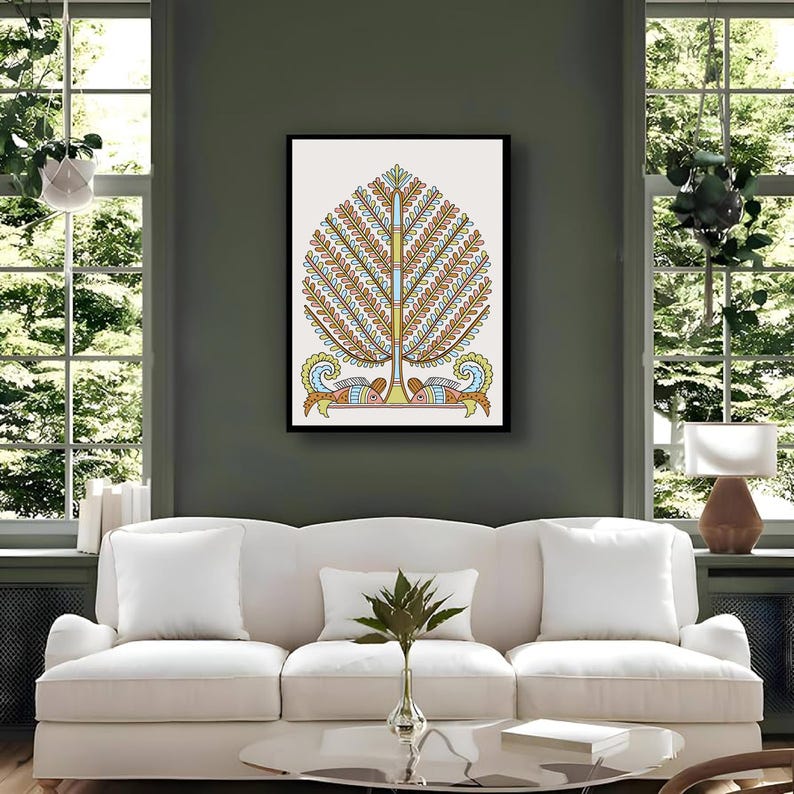May include: A framed art print with a decorative tree design in shades of brown, orange, and blue. The artwork, featuring two fish, is displayed in a living room with a white sofa and large windows, creating a bright atmosphere.