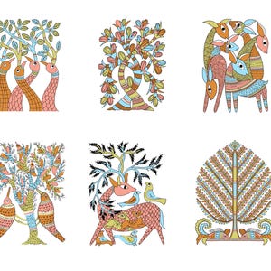 May include: Six vibrant illustrations in a folk art style, depicting trees, birds, and deer. The artwork uses orange, pink, blue, and green against a white backdrop. The designs feature detailed patterns and are reminiscent of traditional art.