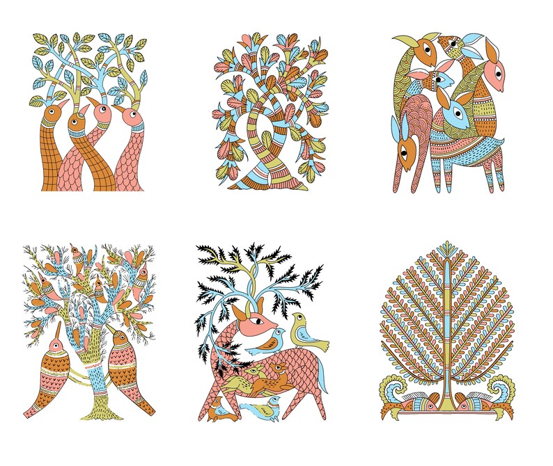 May include: Six vibrant illustrations in a folk art style, depicting trees, birds, and deer. The artwork uses orange, pink, blue, and green against a white backdrop. The designs feature detailed patterns and are reminiscent of traditional art.