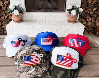 American Flag +Bow Trucker Hat • 4th of July Hat • USA Patriotic Hat • Cute Country Girl Style • Summer BBQ