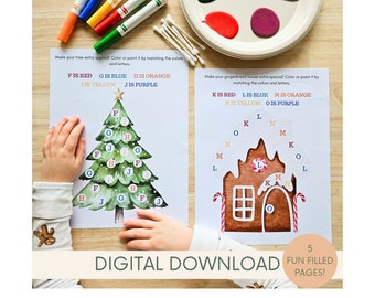 5 Christmas Alphabet Color Match, Homeschool Printables, Preschool Curriculum, Toddler Activities, Educational, Q-tip Painting, Dot Painting