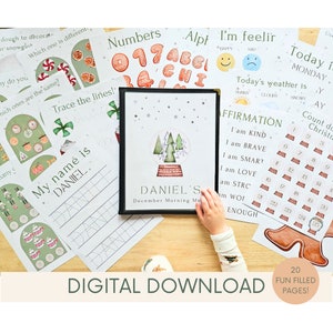 May include: A set of 20 printable activity pages for children featuring a winter theme. The pages include activities such as tracing lines, counting, and writing. The pages are decorated with illustrations of snowmen, snowflakes, and other winter imagery. The pages are titled "Daniel's December Morning Moments".