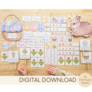 以下が含まれることがあります： 子供向けのイースターをテーマにした教育的なアクティビティページ20枚セット。ページには、卵、ウサギ、ひよこ、花などのカラフルなイラストが描かれています。ページには、数える、マッチング、文字認識などのアクティビティが含まれています。ページのテキストには、「Big」、「Two」、「Small」、「Yellow」、「Six」、「Purple」、「Four」、「Blue」、「Pink」、「Ten」、「Eight」、「Twelve」、「E」、「W」、「V」、「O」、「F」、「H」、「P」、「Y」、「C」、「A」、「W」、「U」、「D」、「L」、「B」、「Q」などの単語が含まれています。