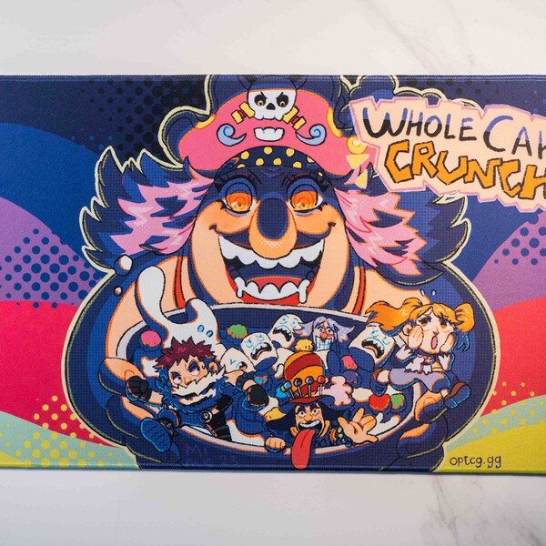 Whole Cake Crunch One Piece TCG Playmat by OPTCG featuring the Big Mom Pirates like Katakuri, Pudding and Perospero