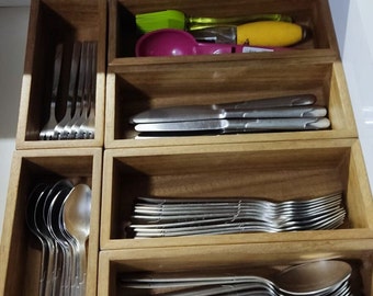 Natural wood modular drawer inserts for kitchen and desk,organize dining room, cutlery, and tools with style in these versatile trays,