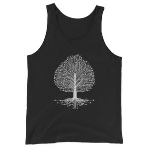 Pode incluir: Camisola de malha preta com um desenho branco de uma árvore feita de placas de circuito.