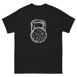 以下が含まれることがあります： ケトルベルの白い幾何学模様が描かれた黒いTシャツ