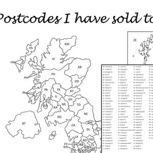 May include: A black and white map of the United Kingdom with postcode areas highlighted. The text "Postcodes I have sold to:" is at the top. A list of postcodes is on the right side of the map.