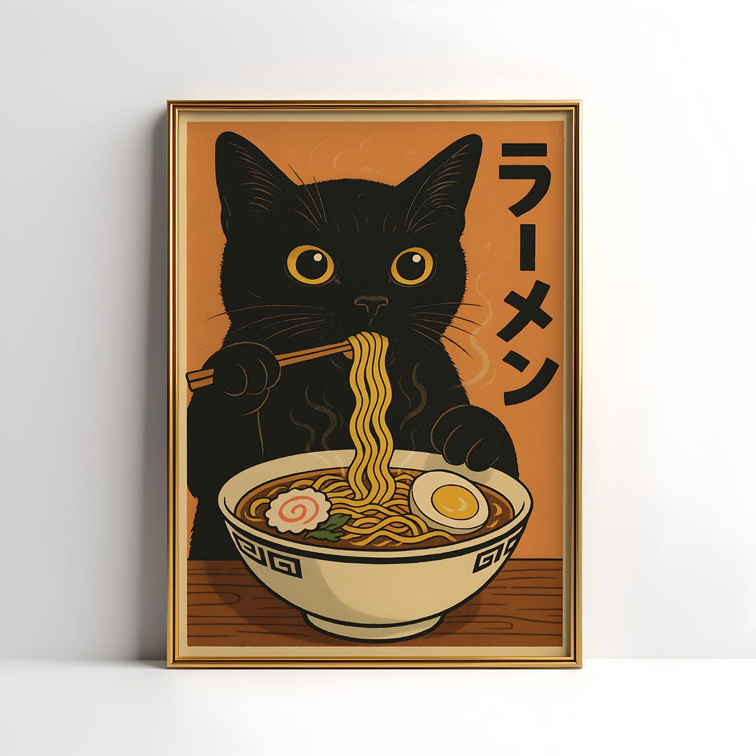 Vintage Cat Eating Ramen Poster: Funny Japanese Art Print (digital ...