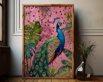 Vintage Pfau: Poster mit goldenen Farnen und rosa Punkten (Digitaler Download)
