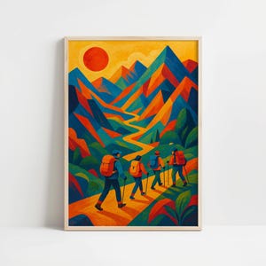 Colorful Hiking Wall Art Print – Modern Mountain Landscape Illustration with Hikers and Sun Adventure Nature Lover Travel Poster Decor