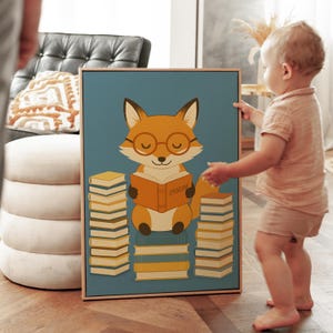 Fox Reading Book Art Print | Cute Fox Nursery Wall Art Digital Download for Kids Room, Storybook Animal Decor