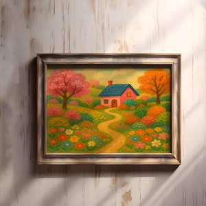 Whimsical Cottagecore House Wall Art – Colorful Floral Landscape with Cozy Pink Home and Garden Path for Kids Room or Fairy Tale Decor