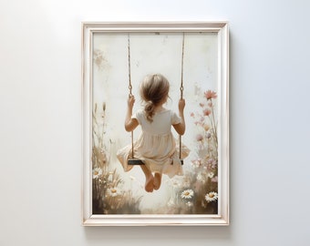Girl on Swing Print: Vintage Wildflower Nursery Art (Digital Download)