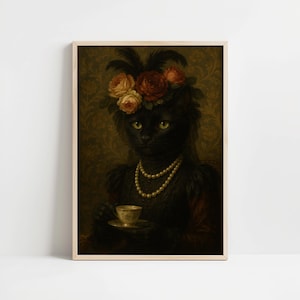 Victorian Black Cat Portrait Print: Dark Academia Animal Art (Digital Download