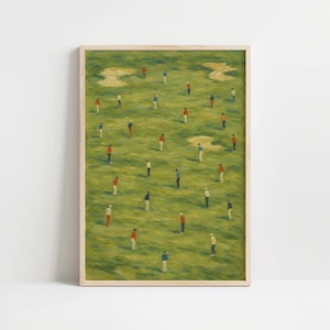 Golf Course Crowd Scene Wall Art – Minimalist Sports Painting Print for Golf Lovers, Modern Green Landscape Artwork for Home or Office