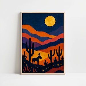 Bunter Wüsten-Sonnenuntergang-Wand-Kunst-Druck - Südwestern Esel-Kaktus-Silhouette-Poster mit Mutigen Bergen und Mond für Boho-Dekor