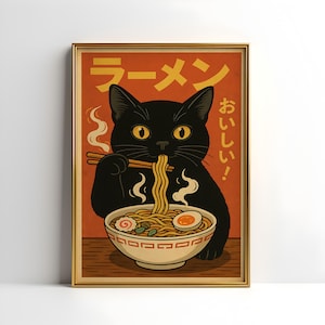Vintage Cat Eating Ramen Wall Art - Retro Japanese Poster Print, Quirky Noodle Lover Gift, Kitchen Decor Illustration