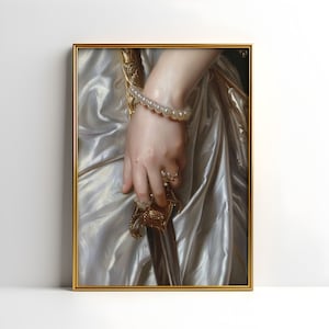 Elegant Lady in Satin Dress Art Print - Neoclassical Woman with Pearl Bracelet & Sword - Victorian Era Painting for Gallery Wall Decor
