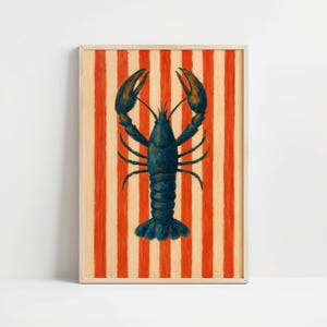 Blue Lobster Wall Art with Red Stripes – Nautical Coastal Kitchen Decor, Bold Lobster Print for Beach House or Seafood Restaurant Style