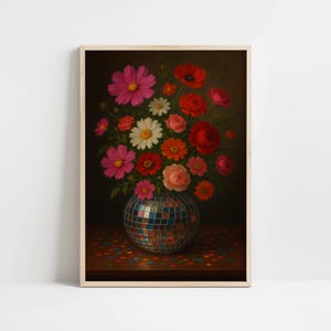 Disco Ball Vase Print, Maximalist Wall Art, Moody Floral Still Life, Funky Home Decor, Eclectic Bar Cart Art