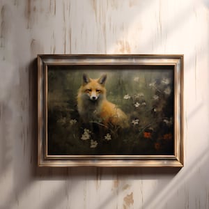May include: A framed painting of a red fox sitting in a field of flowers. The fox is looking directly at the viewer. The background is a soft green and brown.