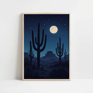 Southwest Desert Night Cactus Wall Art - Serene Vollmond Landschaft Poster Print für Western Boho Home oder Natur inspirierte Dekoration