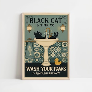 Pôster de gato preto lave suas patas arte de parede de banheiro vintage com estampa de animal decoração de banheiro