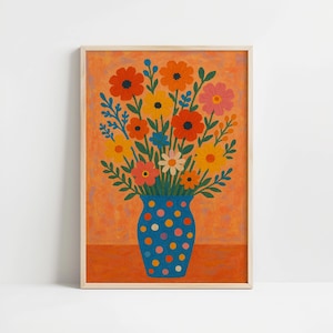 Arte mural con un ramo floral colorido: flores modernas y llamativas en un jarrón de lunares azules para una decoración vibrante del hogar o la oficina.