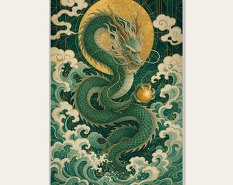 Emerald Green Japanese Dragon: Ukiyo-e Bathroom Wall Art, Zen Gold Print (Digital Download)