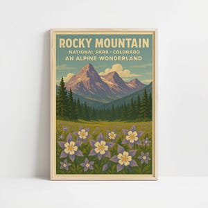 Rocky Mountain Nationalpark Wandkunst - Colorado Landschaftsdruck mit Akelei Blumen und alpiner Berglandschaft