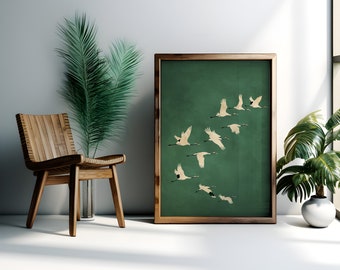 Emerald Cranes Japanese Print: Gold Accents, Eclectic Wall Art (Digital Download)