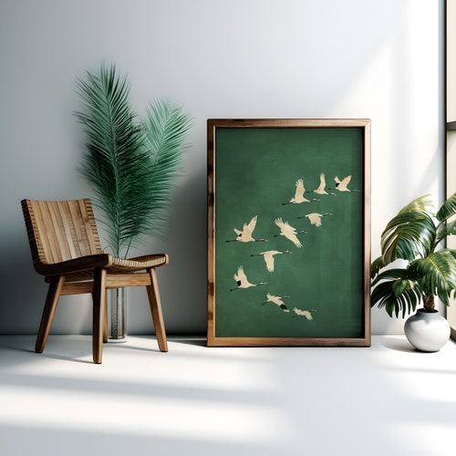 Emerald Cranes Japanese Print: Gold Accents, Eclectic Wall Art (Digital Download)