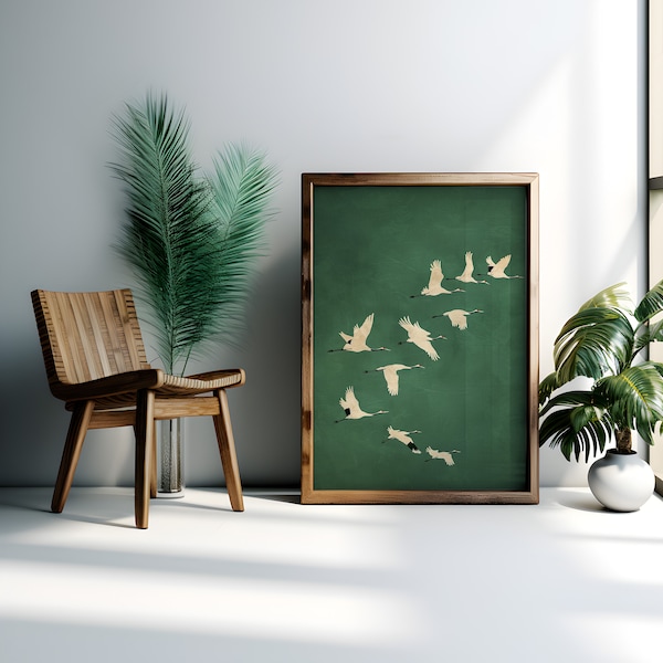 Emerald Cranes Japanese Print: Gold Accents, Eclectic Wall Art (Digital Download)