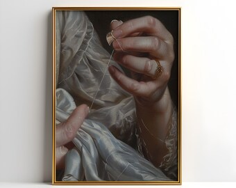 Antique Sewing Scene Painting: Renaissance Wall Art (Digital Download)