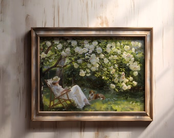 Antiker Ölgemäldedruck - Vintage Dame liegt im Garten, per Post verschickte Kunstreproduktion, Kunstgeschenk