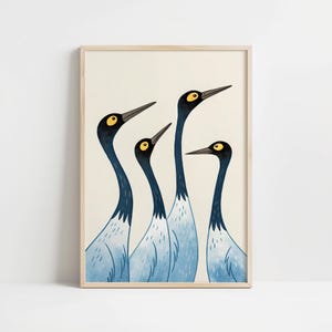 Stampa artistica di gru eccentrica / Poster di uccelli in stile moderno di metà secolo / Divertente stampa murale di animali per la cameretta dei bambini / Illustrazione blu e gialla