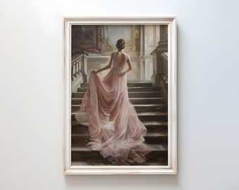 Viktorianische Frau auf der Treppe Porträt: Rosa Antik Ölgemälde (Digital Art Geschenk)