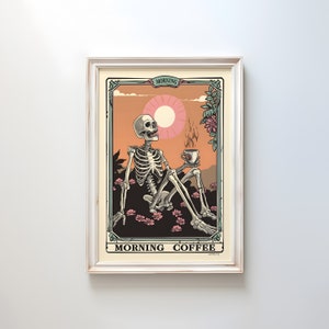 Plaque de café en deuil sans cadre - art de la cuisine gothique, carte de tarot café effrayant, décor squelette, cadeau d'Halloween unique