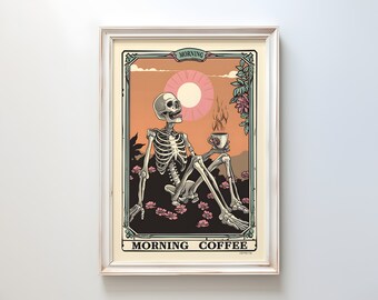 Gothic Skelett Kaffee Tarot Karten Print: Gruseliges Halloween Dekor (Digitaler Download)