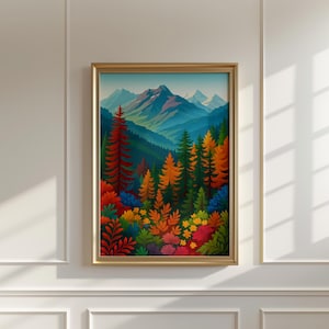 Autumn Forest Mountain Landscape Art Print | Fall Foliage Wall Decor Digital Download | Colorful Nature Printable