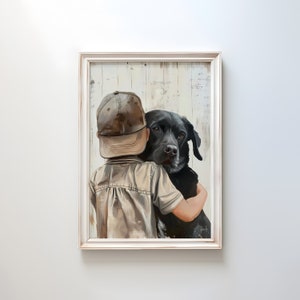 Labrador Nursery Decor, Boy & Dog Art Print, Printable Black Lab Wall Art for Toddler Boy&#39;s Room Gift