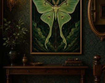 Emerald Gold Luna Moth Print: Art Deco Dark Academia Maximalist Wall Art (Digital Download)
