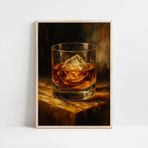 Whiskey Wall Art Print, Moody Bar Still Life Decor, On the Rocks Drink Illustration, Rustic Home Bar Sign, Man Cave Gift Ideas