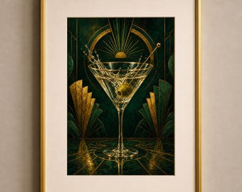Emerald Green Martini Cocktail Print: Art Deco Gold Bar Cart Wall Art (Digital Download)
