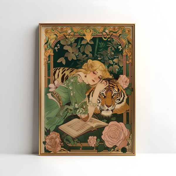 Timeless Hollywood Regency Artwork, Vintage Woman and Tiger, Luxurious Green & Gold Floral Decor, Sophisticated Gift Idea